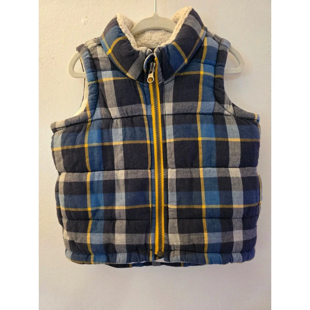 Old Navy Kids Blue Yellow Plaid Sherpa Lined Puffer Vest 12-18 Months
